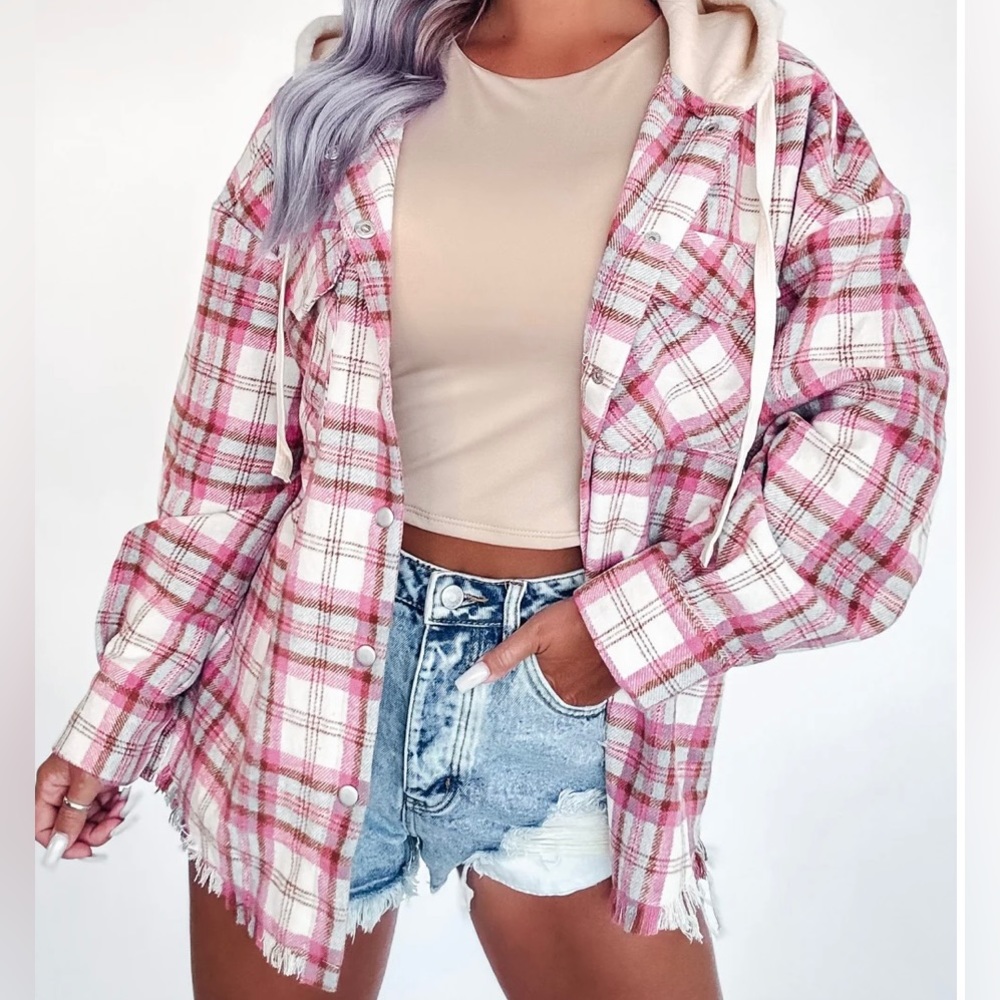 Pink Plaid Raw Edge Shacket Button up Hoodie